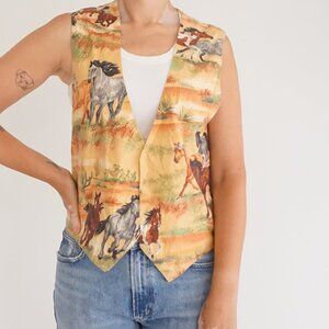 Horse Print Western Desert Scene Button Vest Tan Galloping Horses Boho S